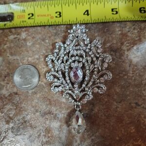 Vintage Silver Tone Crystal Brooch with Clear Teardrop Dangle
